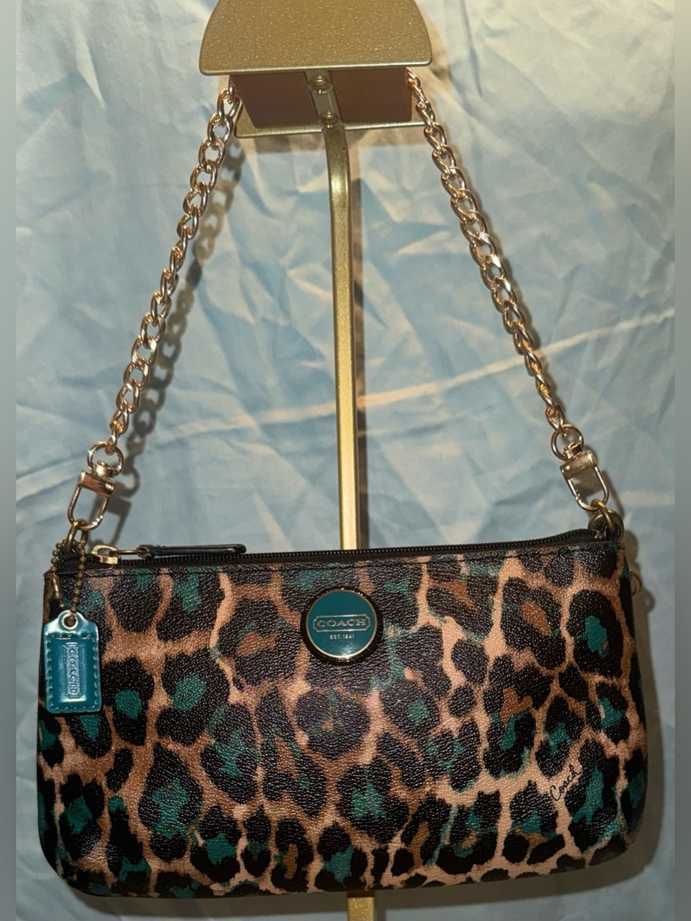 Coach Leopard Print Clutch with Teal, Brown, & Black Accents